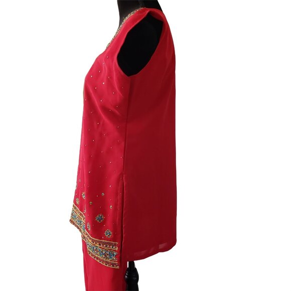 Red Ethnic Indian Tunic Top & Wide-Leg Pants Set Intricate Embroidery & Beading - Picture 7 of 11